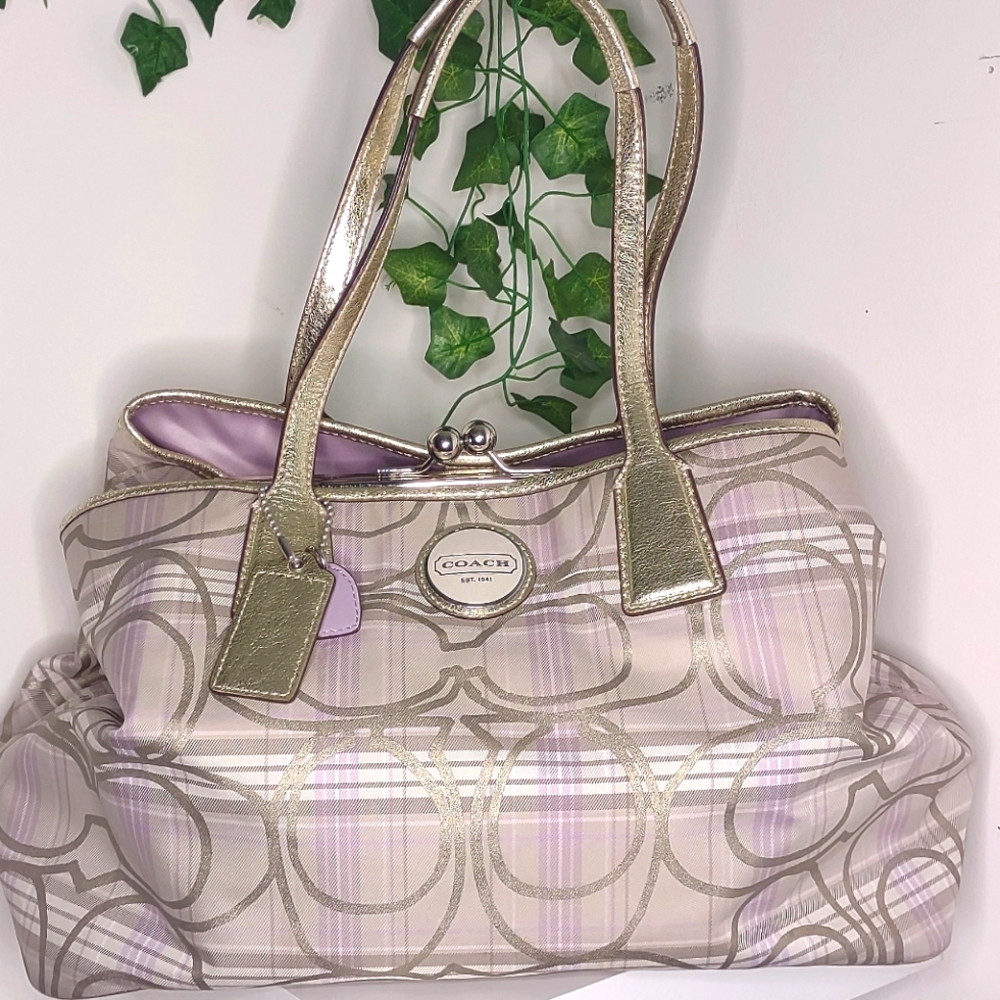 Coach Signature Beige & lilac Striped Tartan Plaid Shoulder Bag